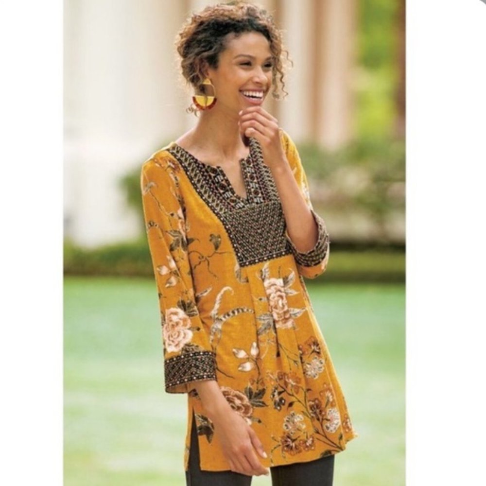 Soft Surroundings Etana Floral Yellow/Gold Tunic Top